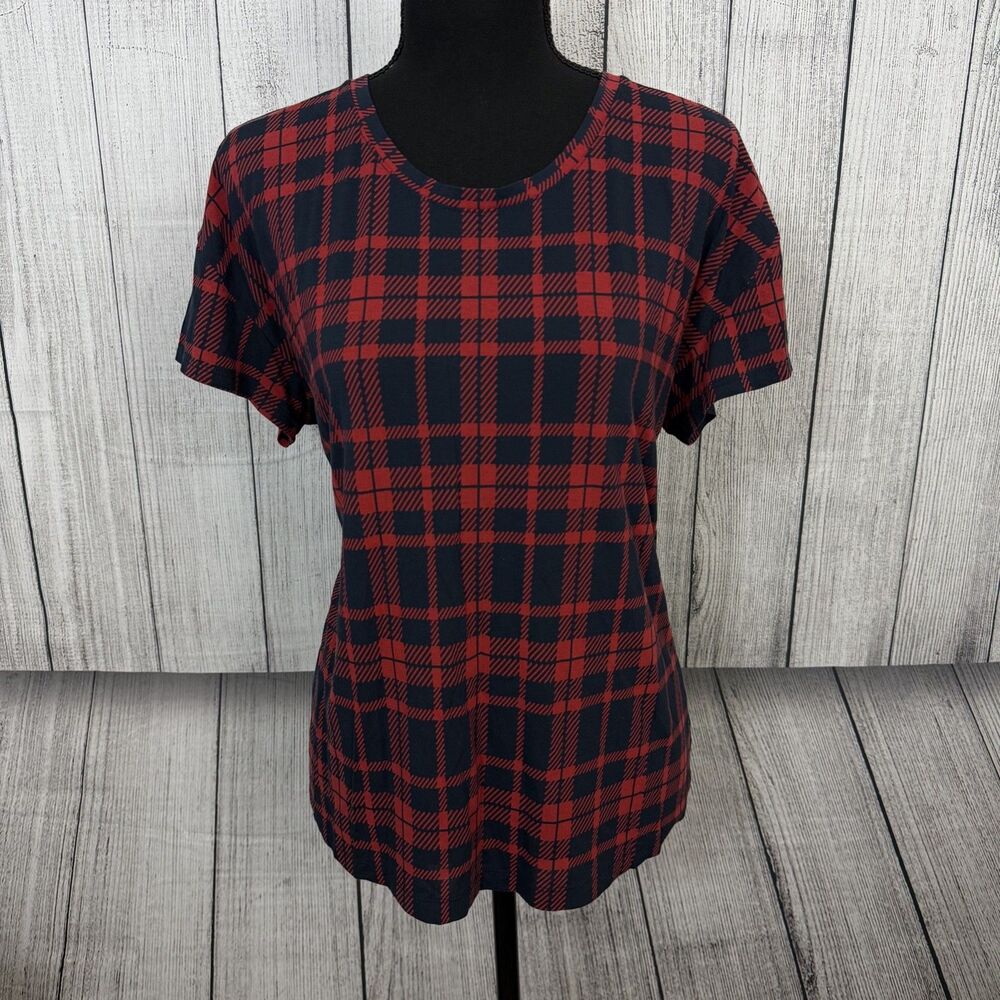 Tommy John Womens Med Red Buffalo Plaid Short Sleeve MicroModal T-Shirt Holidays